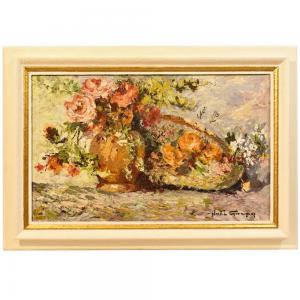 STILLEBEN-GEMÄLDE MIT BLUMEN, ROSENVASE, ÖL AUF HOLZ, AUS DEM 20. JAHRHUNDERT. (QF207)